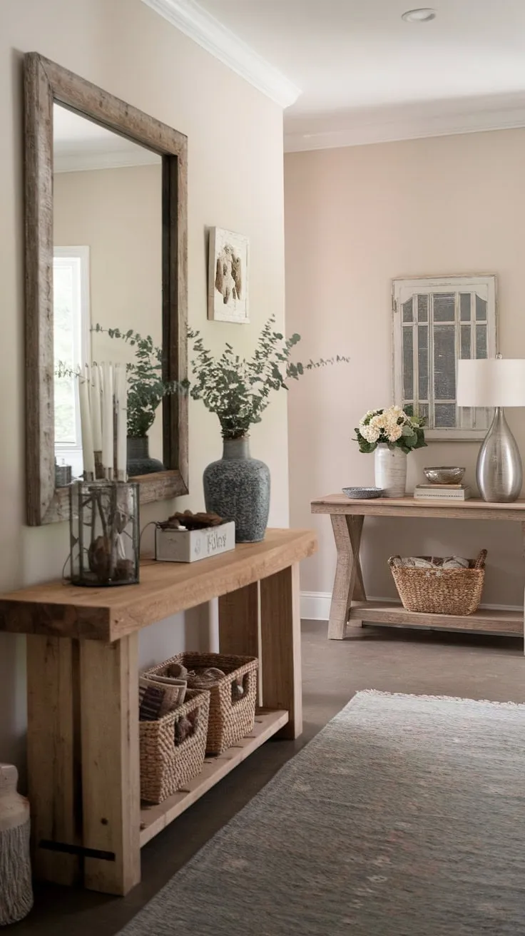 A welcoming farmhouse entryway boasts twin tables, a large mirror, and a cozy rug, creating a stylish and functional space.