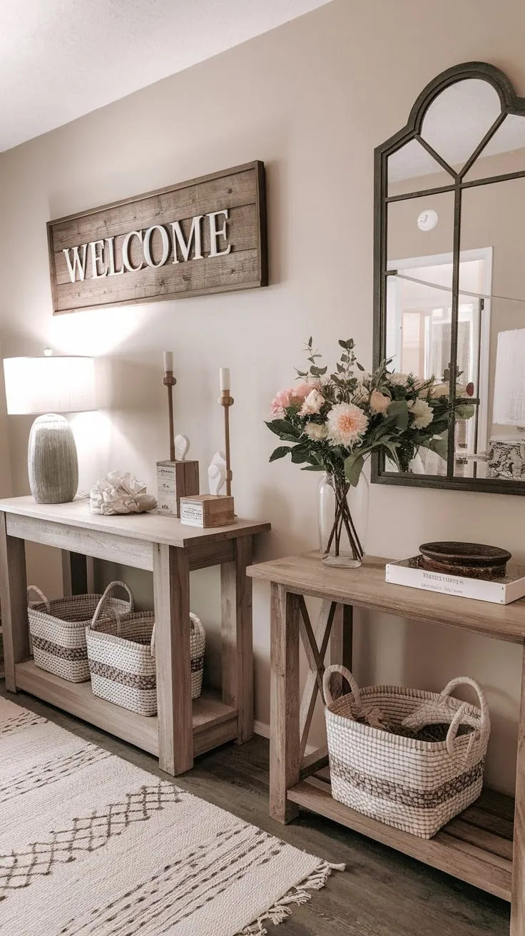 A welcoming farmhouse entryway boasts a console table, hall table with mirror, and wooden "Welcome" sign, creating a cozy and inviting atmosphere.