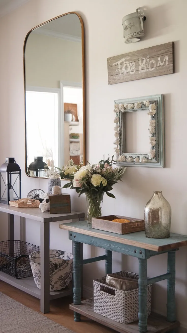 A charming farmhouse entryway boasts a mirrored focal point, complemented by thoughtfully arranged décor and handcrafted furniture.