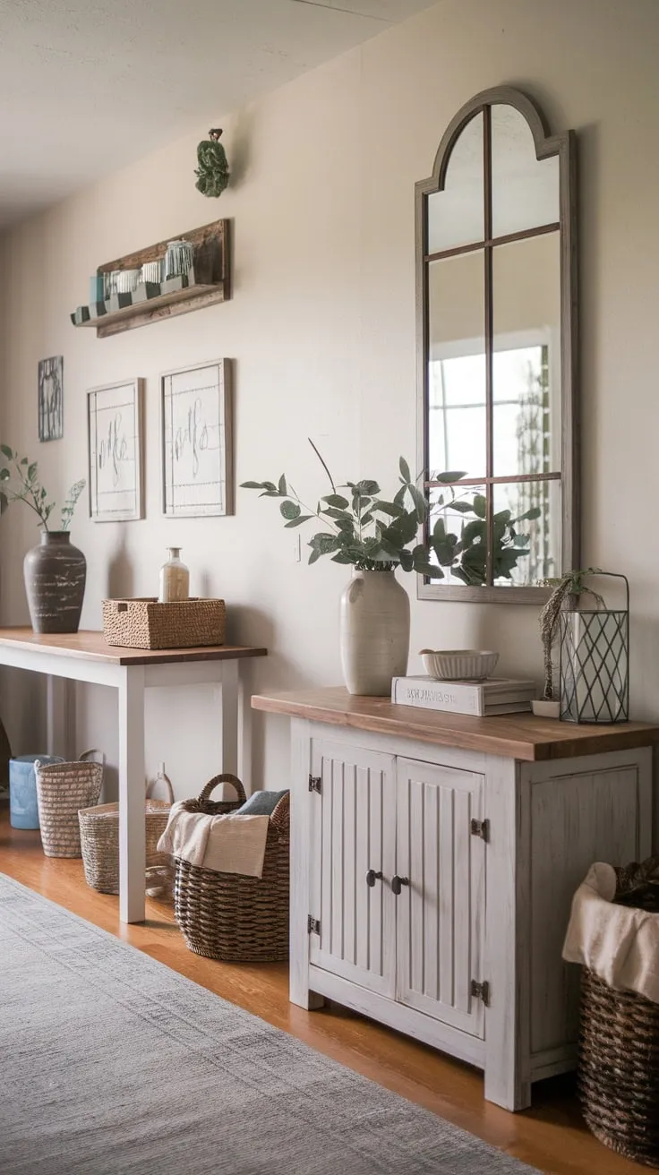 A modern farmhouse entryway boasts a handcrafted table, stylish wall decor, and welcoming foyer accents.