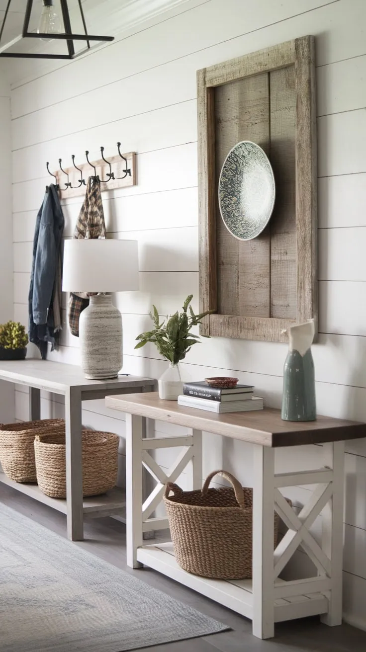 A modern farmhouse entryway boasts a handmade white table, wall decor, and practical coat hooks creating a welcoming and stylish space.