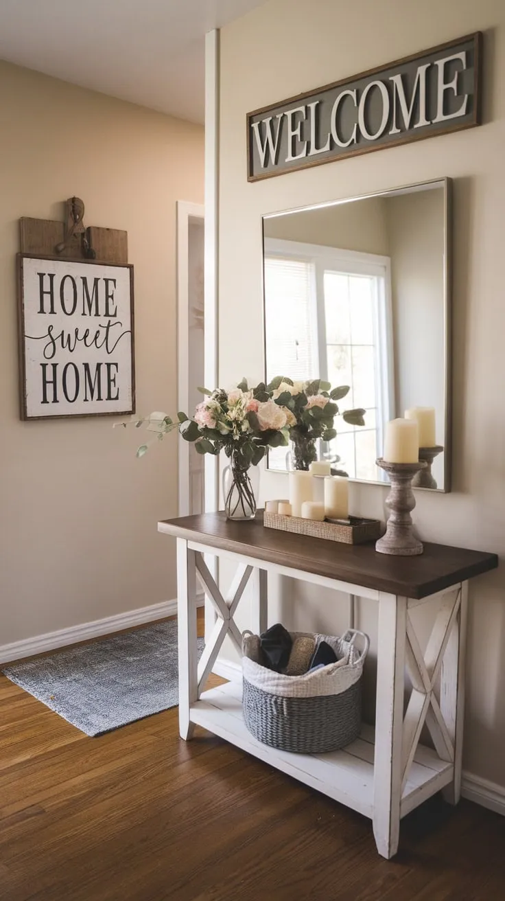 A welcoming modern farmhouse entryway boasts a stylish hall table, floral accents, and heartwarming home décor.