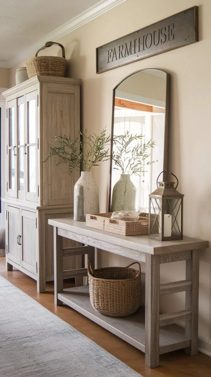 A modern farmhouse entryway boasts stylish console and hall tables adorned with décor, creating a welcoming and inviting atmosphere.