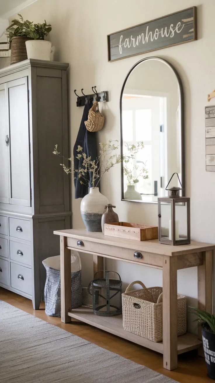 A welcoming farmhouse entryway boasts a console table, hall table with mirror, and cabinet, adorned with decorative accents and wall décor.