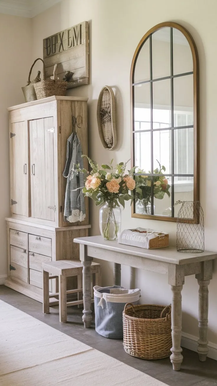 A charming farmhouse entryway boasts a handmade table, cabinet, and wall decor complemented by fresh flowers and a welcoming white backdrop