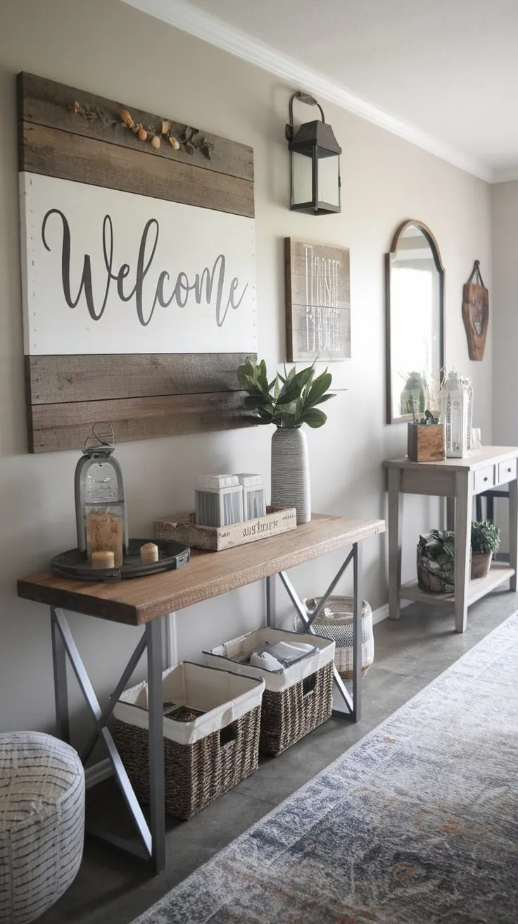 A welcoming modern farmhouse entryway boasts handcrafted wooden and metal furniture, decorative accents, and a large "Welcome" sign.