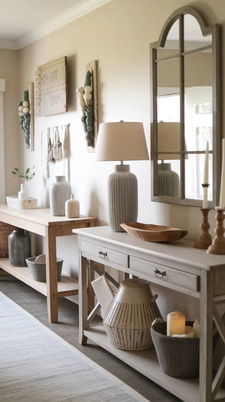 A welcoming farmhouse entryway boasts multiple tables showcasing decorative items, creating a charming and inviting atmosphere.