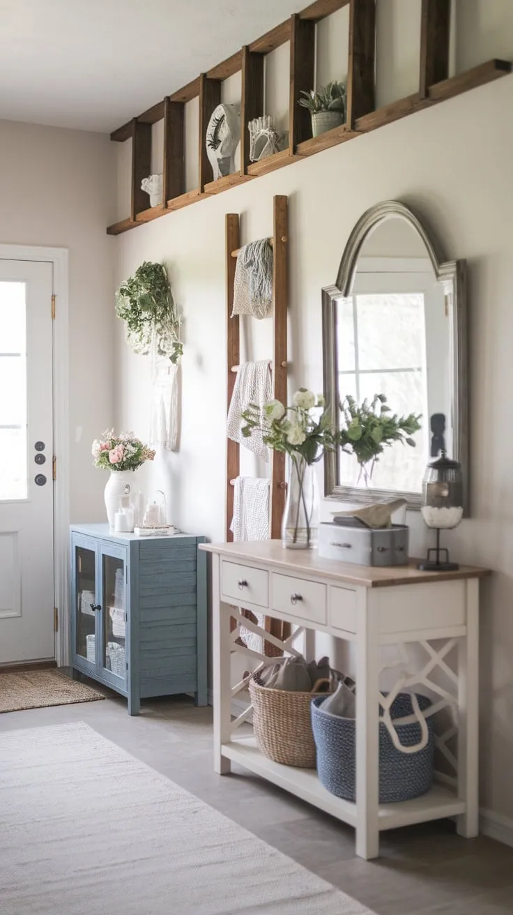 A welcoming farmhouse entryway boasts a stylish hall table, cabinet, and wall decor, creating a cozy and inviting atmosphere.