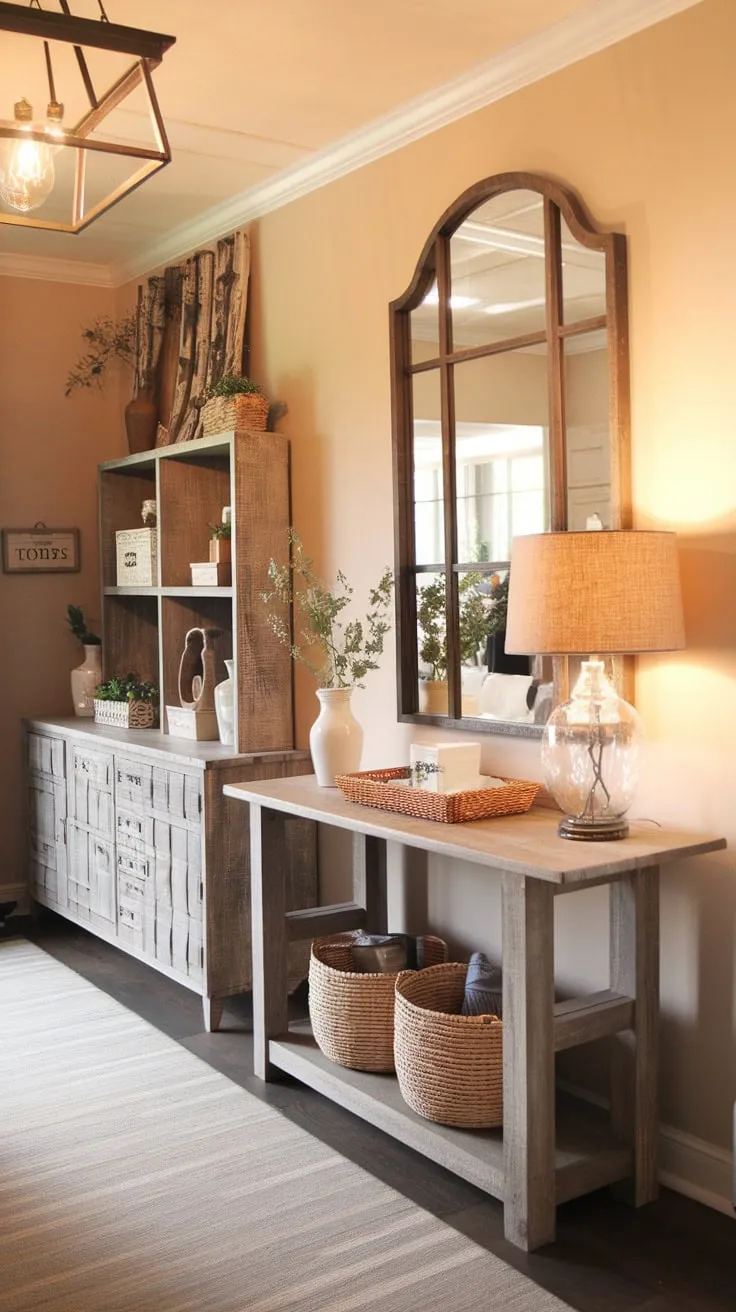 A welcoming farmhouse entryway boasts handcrafted furniture, wall art, and warm lighting creating a cozy atmosphere.