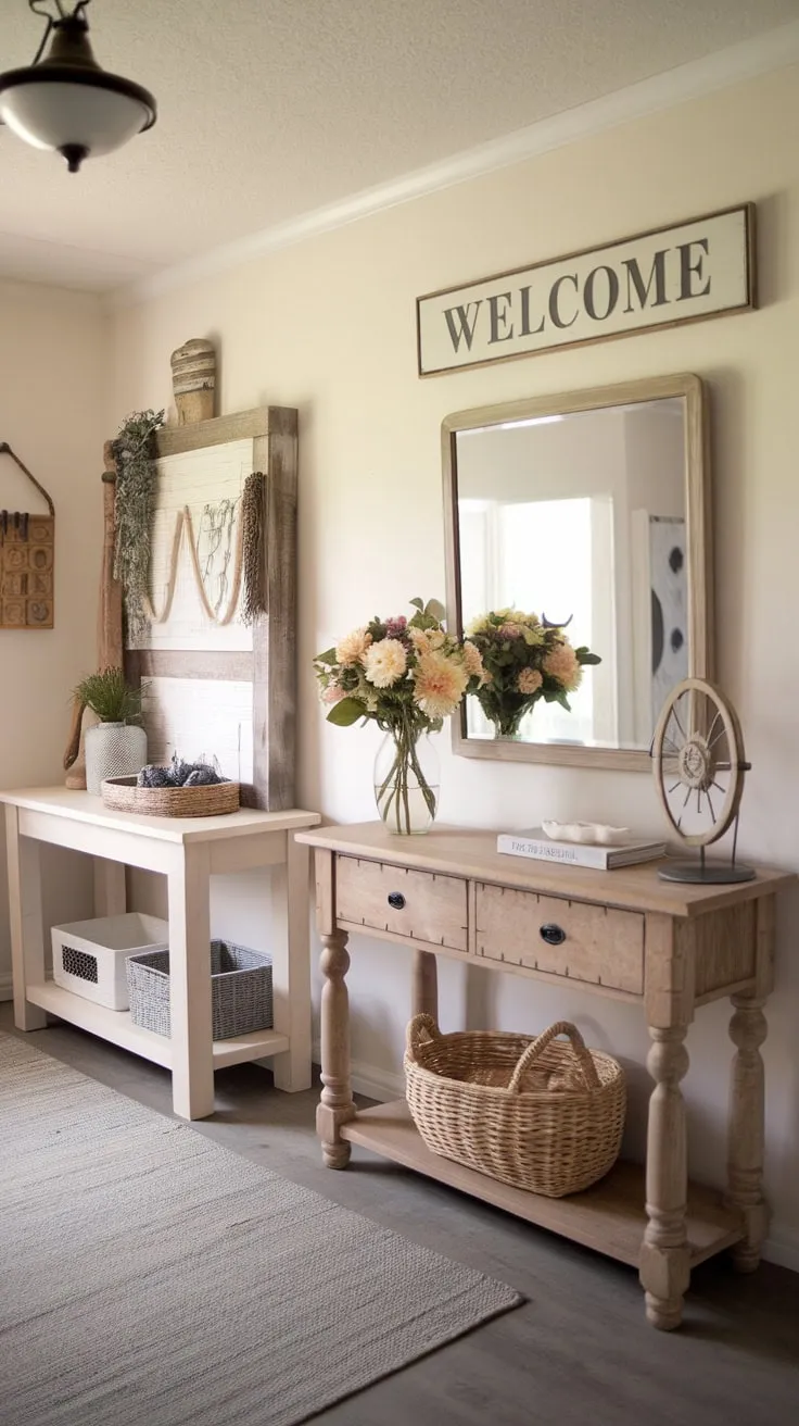 A welcoming farmhouse entryway boasts a console table, handcrafted details, and charming wall art creating a warm and inviting atmosphere.