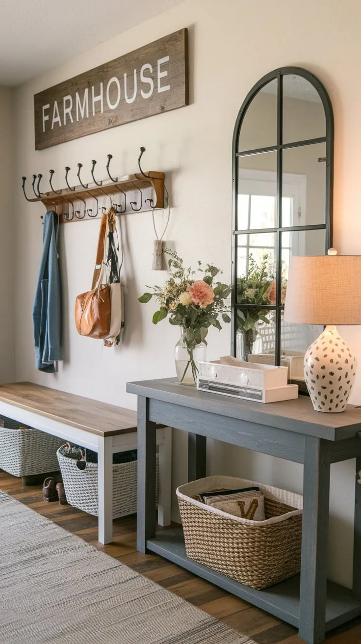 A welcoming farmhouse entryway boasts a hall table with flowers, a console table, wall decor, and a handmade table with a lamp, creating a cozy and inviting atmosphere.