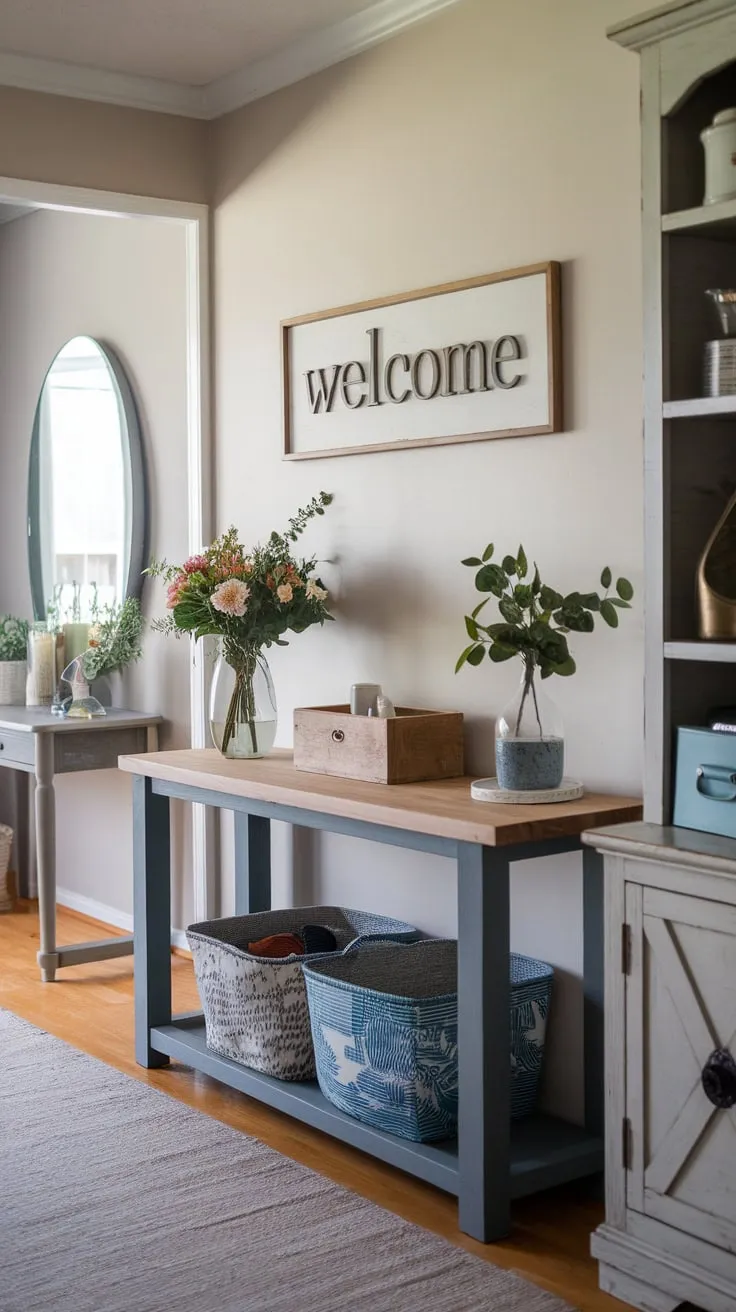 A welcoming modern farmhouse entryway boasts stylish décor, including a console table, hall table, and cabinet, all arranged on a rug to create a charming and functional space.