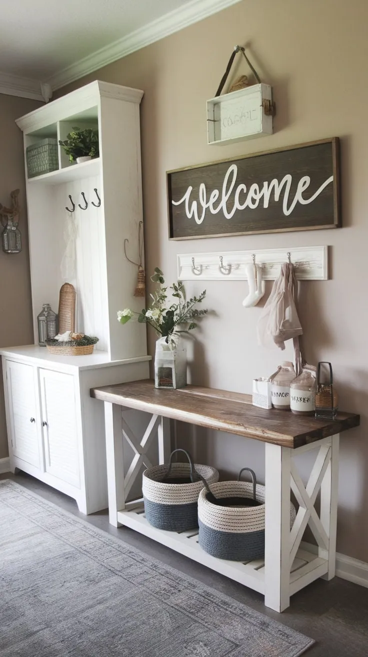 A welcoming farmhouse entryway boasts a handmade table, wooden sign, and stylish storage, creating a cozy and inviting atmosphere.