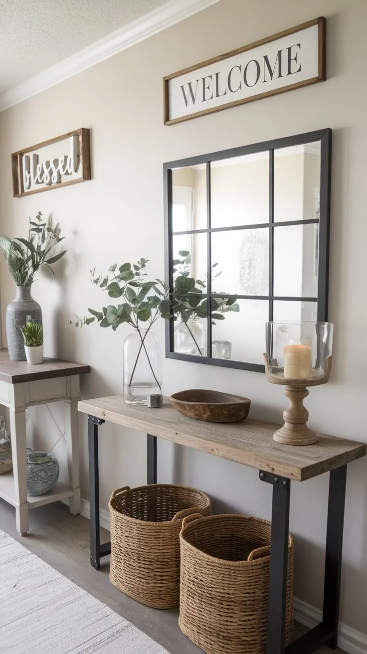 A welcoming farmhouse entryway boasts a stylish hall table, decorative accents, and inspirational wall art.