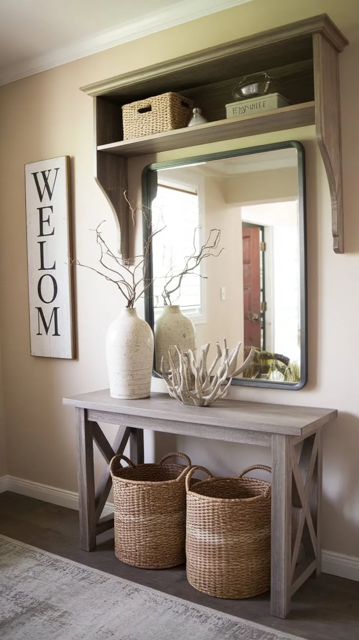 A welcoming farmhouse entryway boasts a hall table, large mirror, and handmade cabinet, creating a cozy and inviting atmosphere.