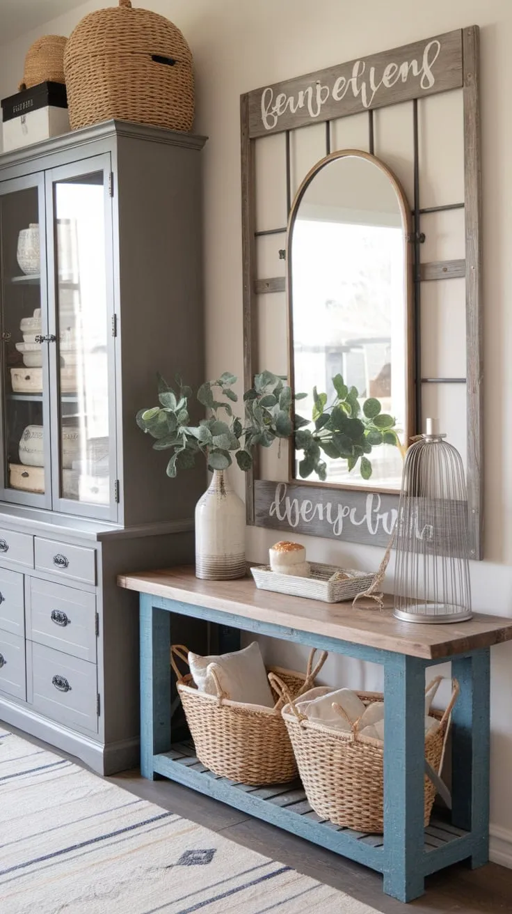 A handmade entry table anchors a modern farmhouse entryway, showcasing charming console and hall tables, decorative mirrors, and stylish wall art.