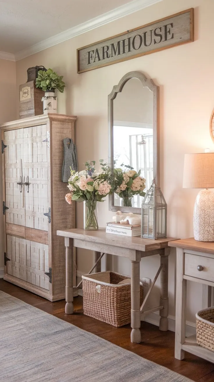A welcoming farmhouse entryway boasts handcrafted furniture, stylish decor, and a cozy rug, creating a warm and inviting atmosphere.