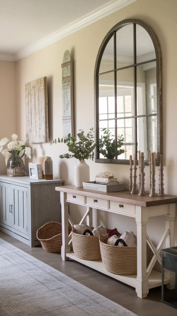 A charming modern farmhouse entryway boasts a stylish hall table, decorative mirror, and curated wall decor creating a welcoming atmosphere.