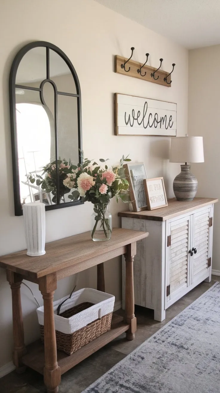 A welcoming farmhouse entryway boasts a handmade table, floral vase, wooden "welcome" sign, and cozy details.