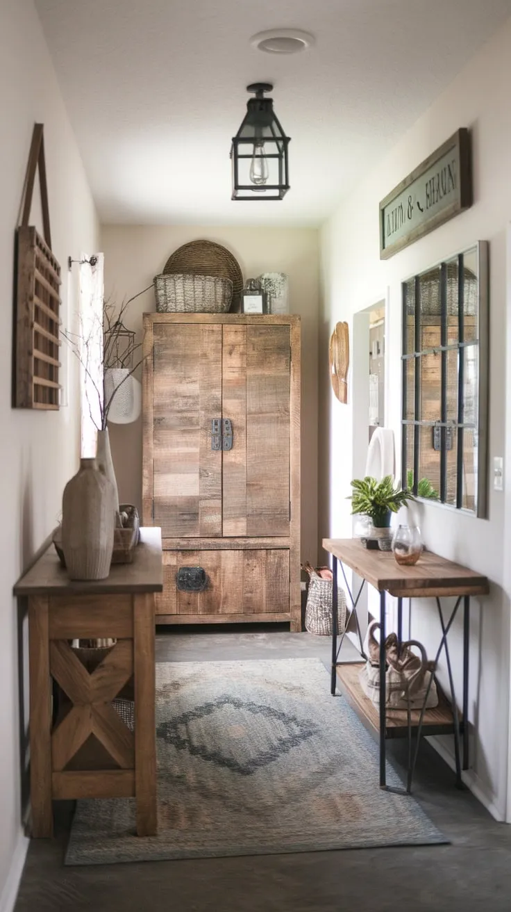 A modern farmhouse entryway boasts handcrafted furniture, decorative accents, and a welcoming atmosphere.