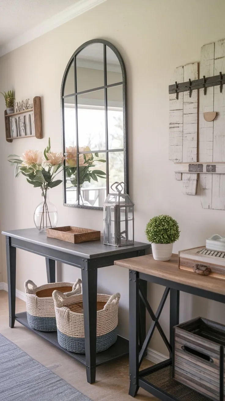 A charming modern farmhouse entryway boasts stylish hall and console tables adorned with tasteful décor, creating a welcoming atmosphere.