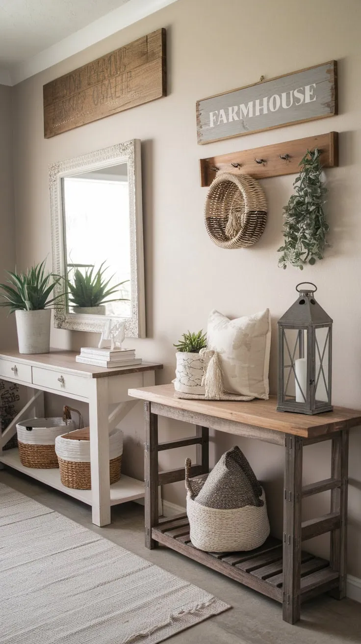 A welcoming farmhouse entryway boasts charming tables, handcrafted decor, and soft lighting, creating a cozy and inviting atmosphere.