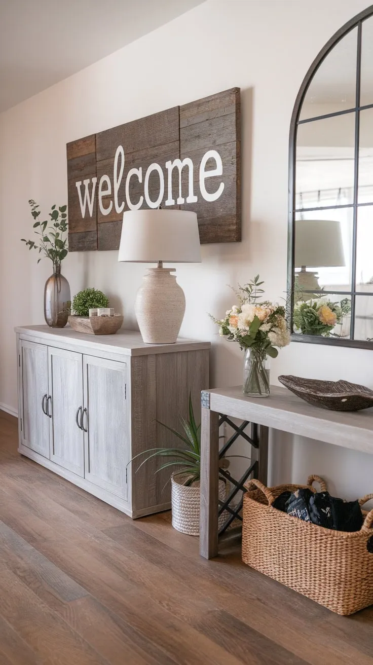 A welcoming modern farmhouse entryway boasts stylish furniture and decor, creating a warm and inviting atmosphere.