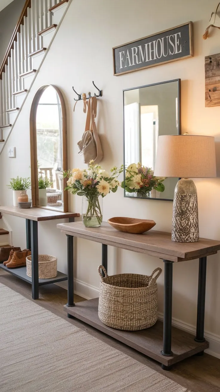 A modern farmhouse entryway boasts a stylish console table, hall table with mirror, and charming wall decor, creating a welcoming and functional space.