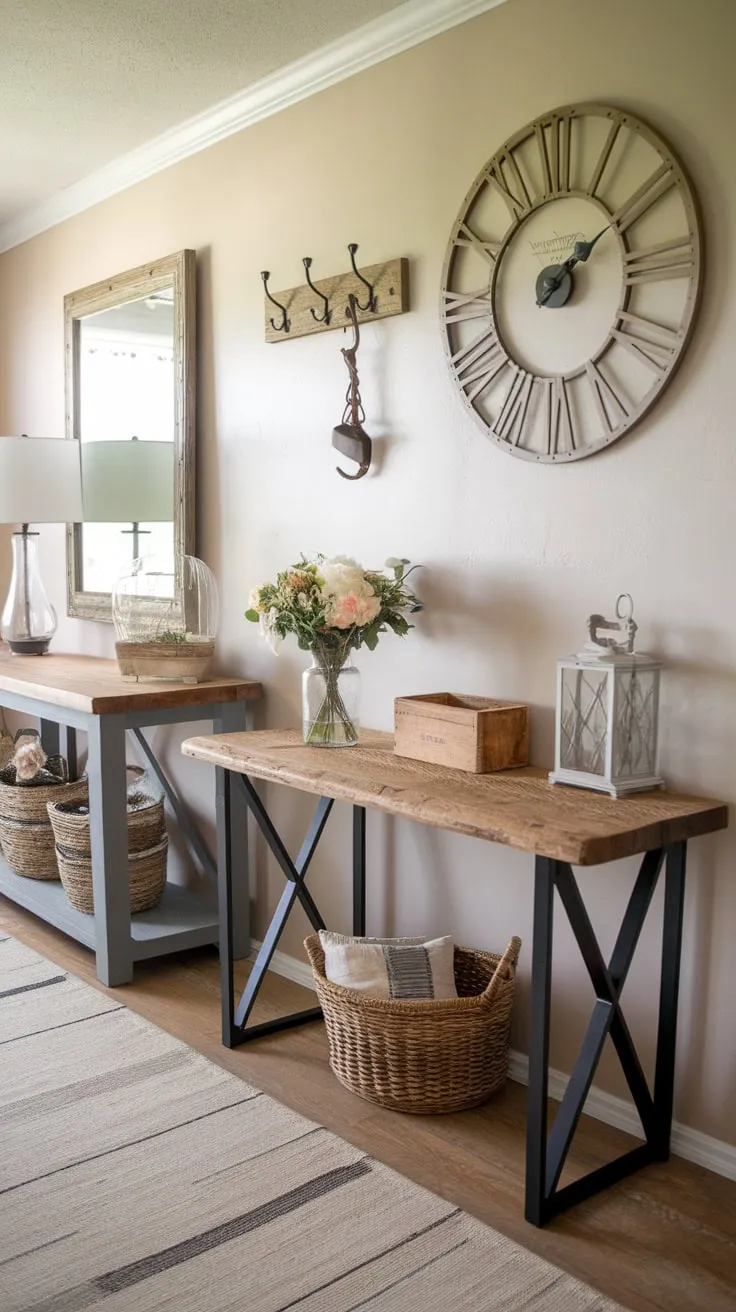 A welcoming farmhouse entryway boasts a handmade wooden table, decorative accents, and charming wall décor.