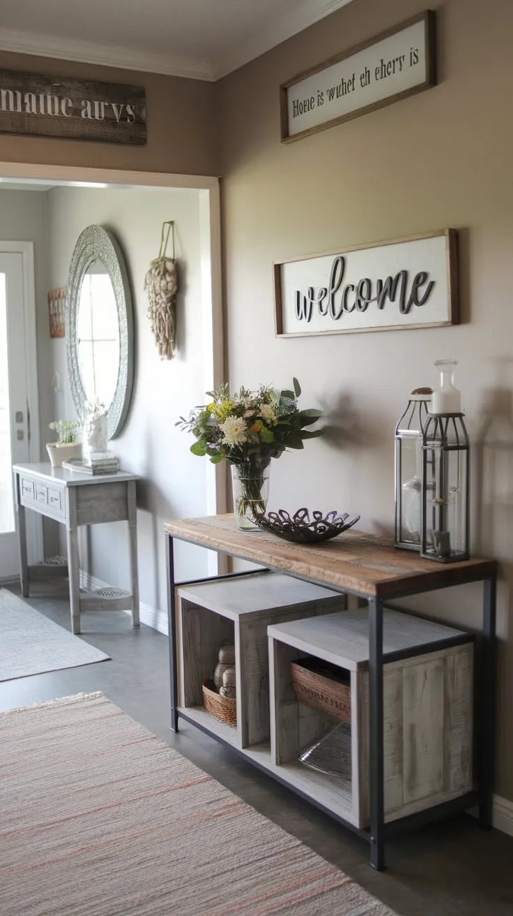 A welcoming farmhouse entryway boasts a handmade table, charming décor, and a "Home is where the heart is" sign, creating a warm and inviting atmosphere.