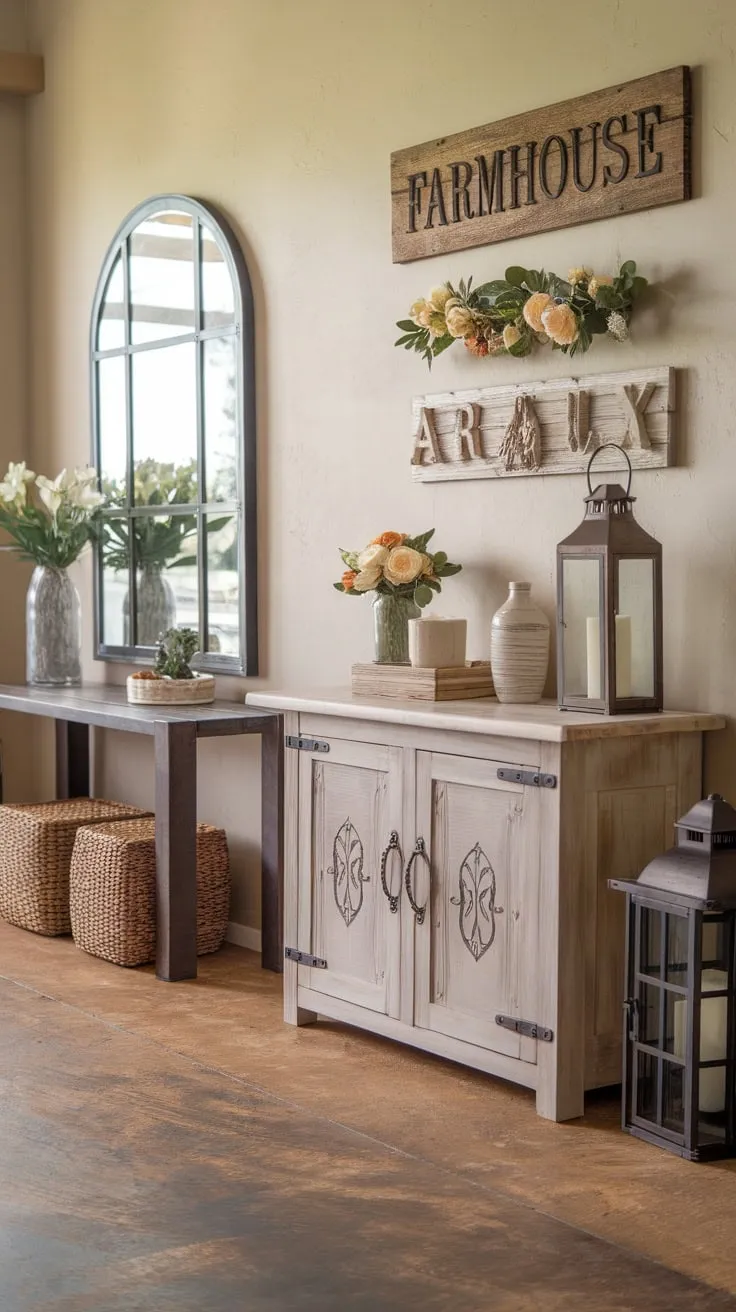 A warm, earthy modern farmhouse entryway boasts stylish furniture, charming decor, and a textured floor creating a welcoming atmosphere.