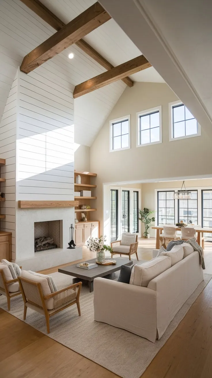 A minimalist farmhouse family room boasts a welcoming ambiance, blending open-concept living with a charming porch and vaulted ceilings.