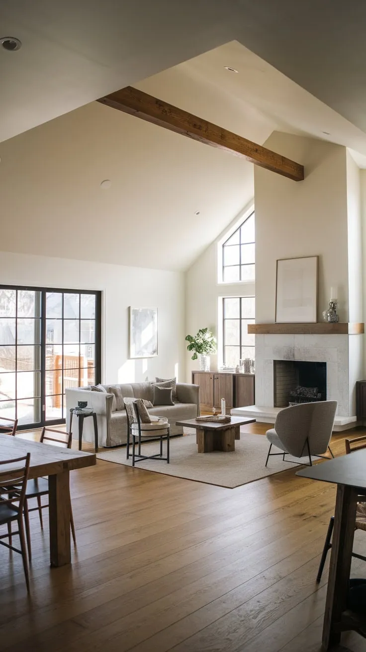 Open-plan farmhouse living merges modern minimalism with rustic charm, featuring a vaulted ceiling, fireplace, and farmhouse table in a spacious family room.