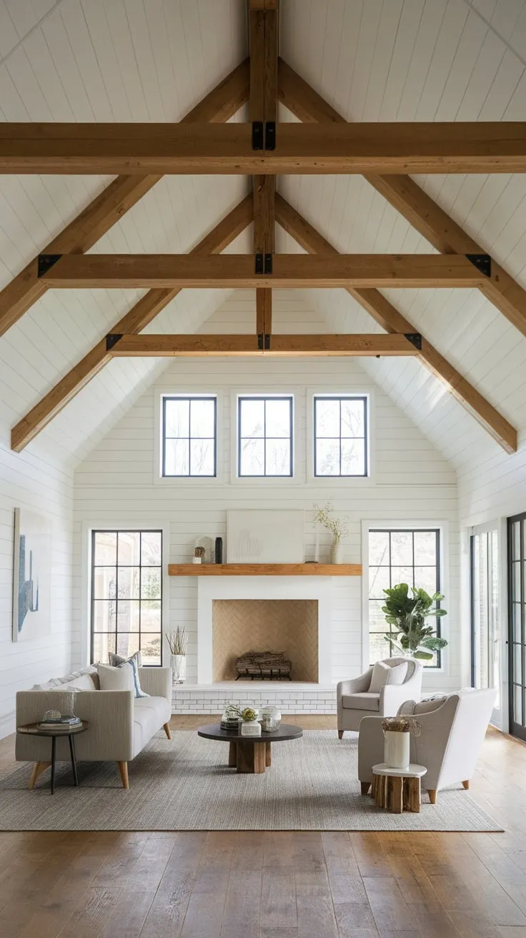 Open-concept design unites a farmhouse family room with a vaulted ceiling, fireplace, and porch, showcasing minimalist furniture against a backdrop of white walls and wood accents.