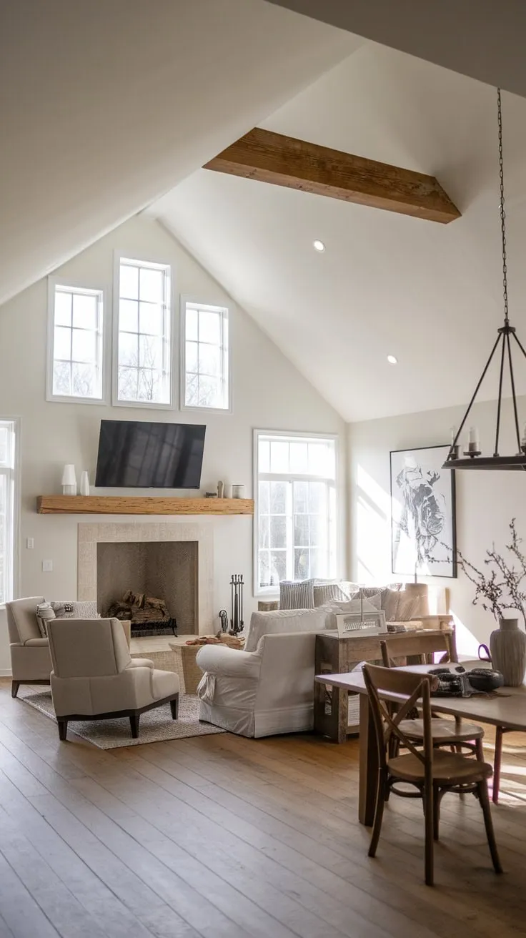 A spacious farmhouse family room boasts a vaulted ceiling, a stunning fireplace, and an open floor plan perfect for family gatherings