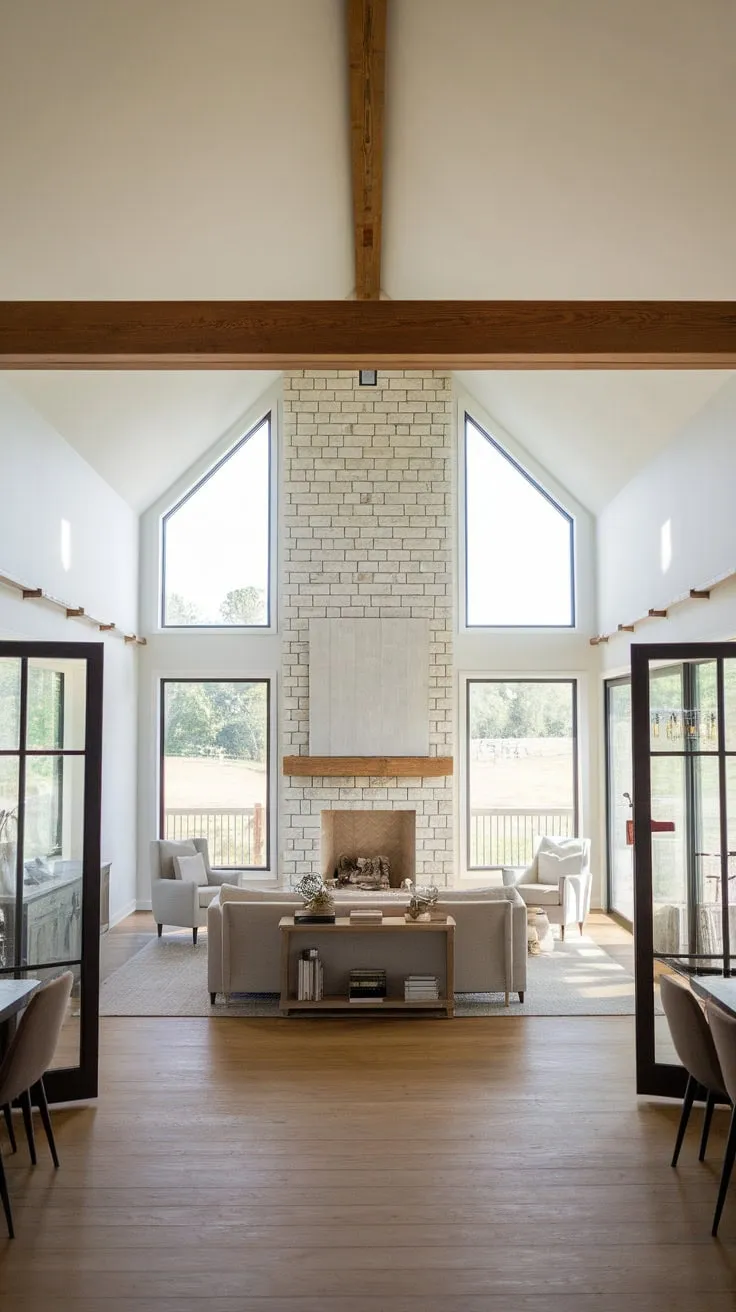 Rustic wooden beams and a comfortable seating area complete this open-plan farmhouse family room with a stunning stone fireplace and natural light.