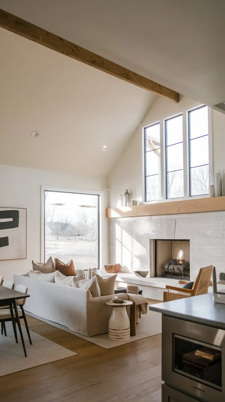 A minimalist contemporary farmhouse family room boasts a vaulted ceiling, expansive windows, a cozy fireplace, and hardwood floors creating a bright and inviting space for family gatherings