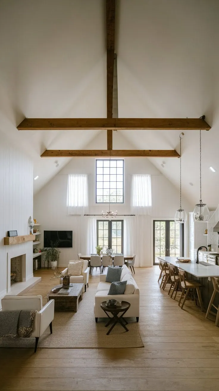 A minimalist farmhouse family room boasts an open floor plan, vaulted ceilings, and rustic charm, anchored by a large fireplace.