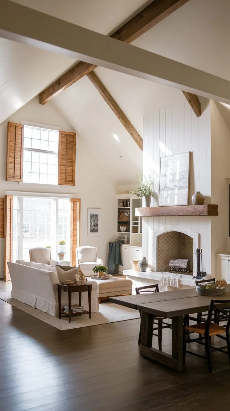 A bright white farmhouse features a large living room with a fireplace and comfortable seating, opening to a rustic dining area in an airy open floor plan.