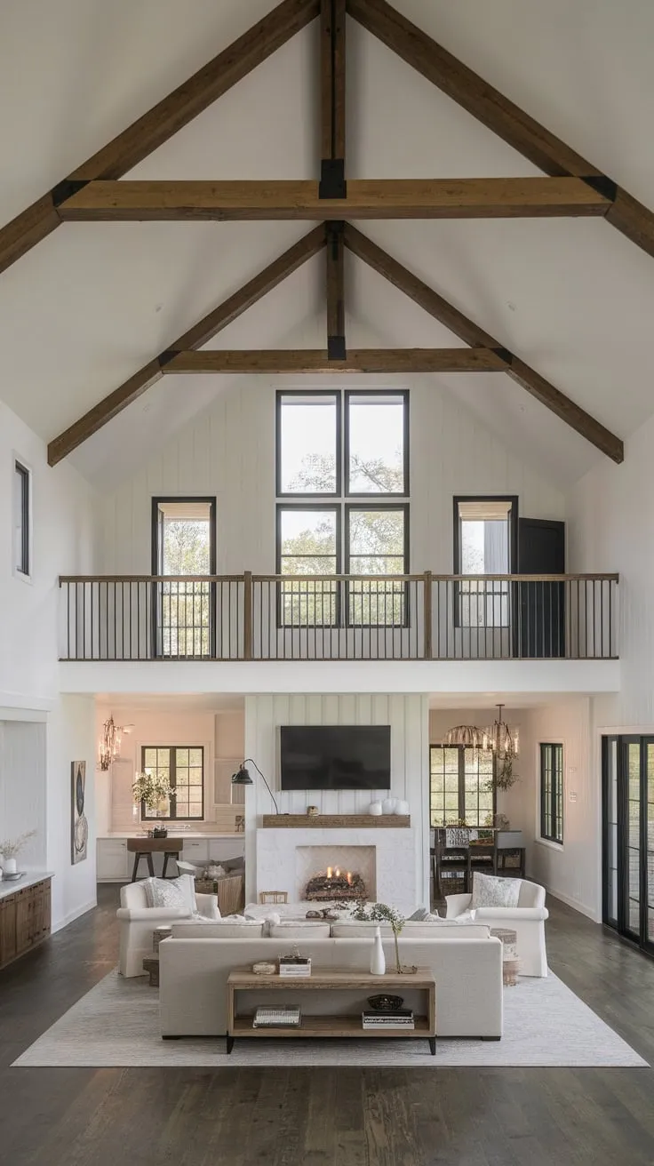 Rustic charm meets modern design in a farmhouse family room featuring a big window and open connection to a minimalist living area with vaulted ceilings.
