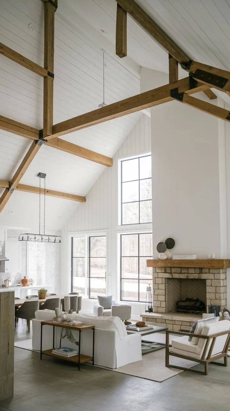 Rustic charm meets modern minimalism in this open-plan farmhouse family room featuring a vaulted ceiling, stone fireplace, and exposed wooden beams.
