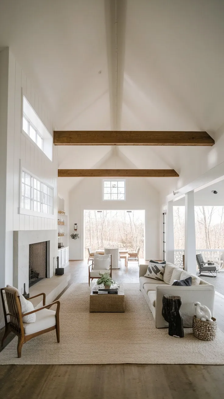 A spacious farmhouse living room boasts a modern minimalist design, vaulted ceilings, a large fireplace with windows, and easy porch access.