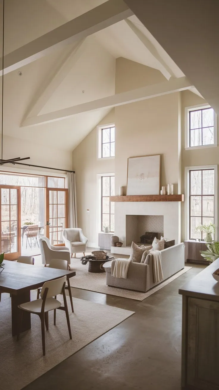 A minimalist yet inviting farmhouse family room features a large fireplace, comfortable seating, and seamless connection to an outdoor porch, creating a warm and airy atmosphere.