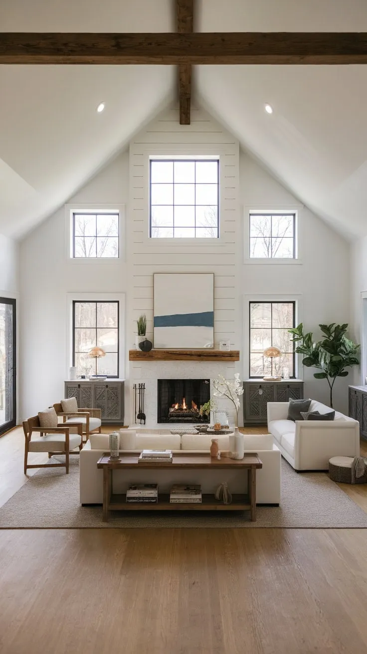 A modern farmhouse family room boasts a warm ambiance, blending minimalist design with vaulted ceilings, a fireplace, and porch access.