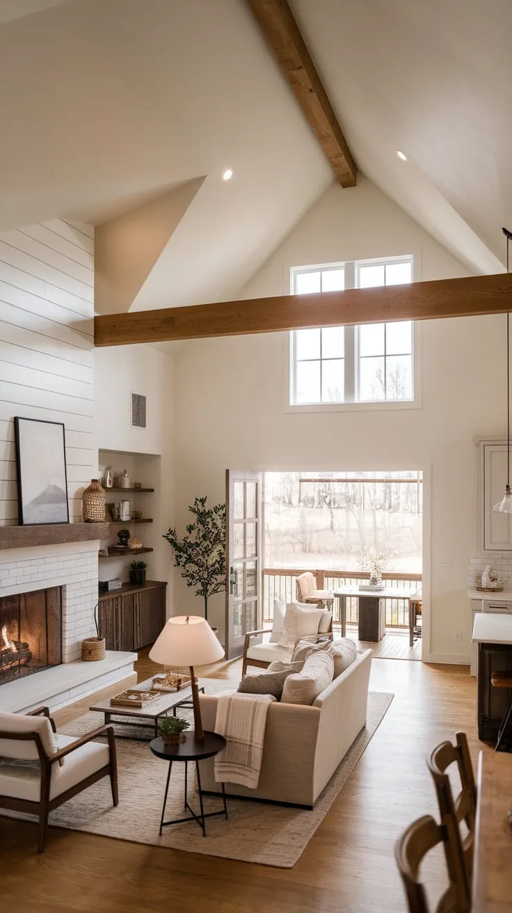 A warm contemporary farmhouse family room boasts a vaulted ceiling, fireplace, and open floor plan seamlessly connecting living, dining, and kitchen spaces for comfortable family living