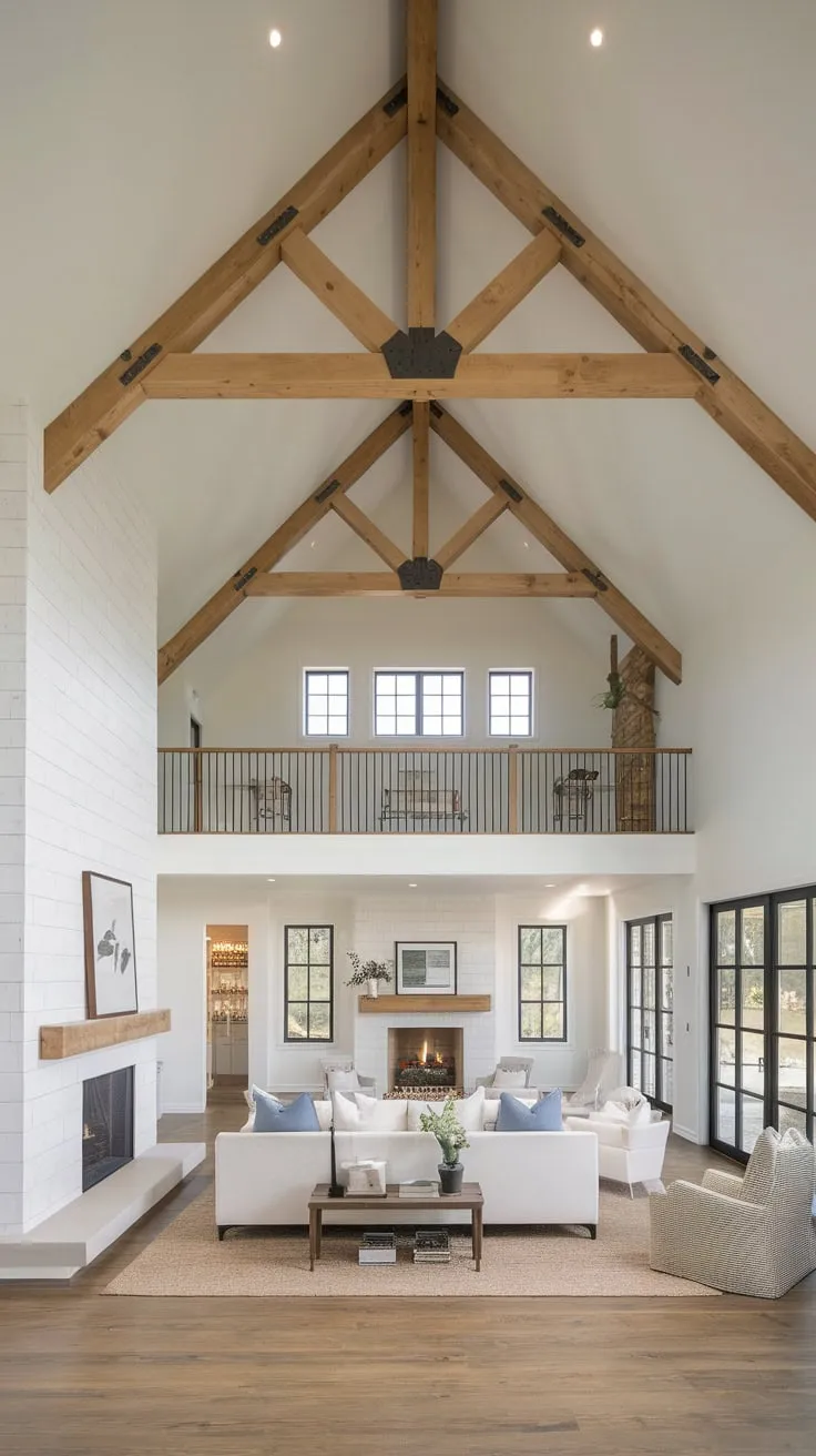A minimalist farmhouse family room, complete with porch access, is the heart of a stunning open-concept home featuring a grand living area with a vaulted ceiling and fireplace.