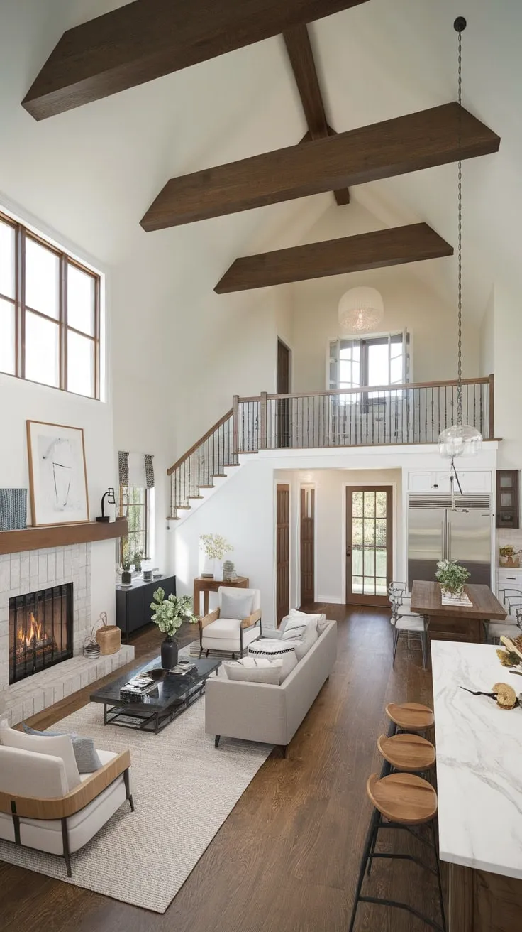 Modern farmhouse style meets comfortable family living in an open-plan space featuring a stunning fireplace and sleek kitchen.