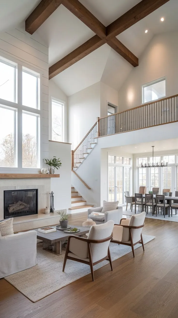 Minimalist decor and abundant natural light create a welcoming contemporary farmhouse living space ideal for relaxation and entertaining.