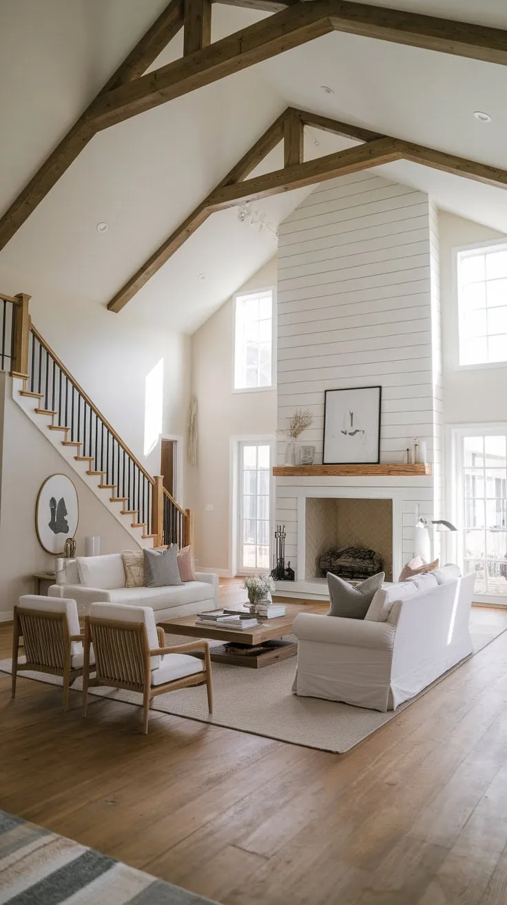 Rustic charm meets modern simplicity in this open-concept farmhouse family room featuring a stunning fireplace and vaulted ceiling.