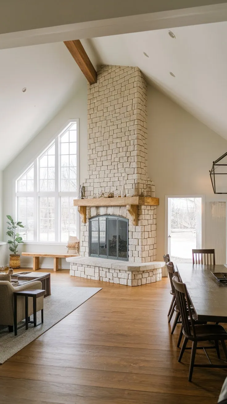 Rustic charm meets modern comfort in a farmhouse family room featuring a stunning stone fireplace, vaulted ceilings, and a combined living and dining space perfect for family gatherings.
